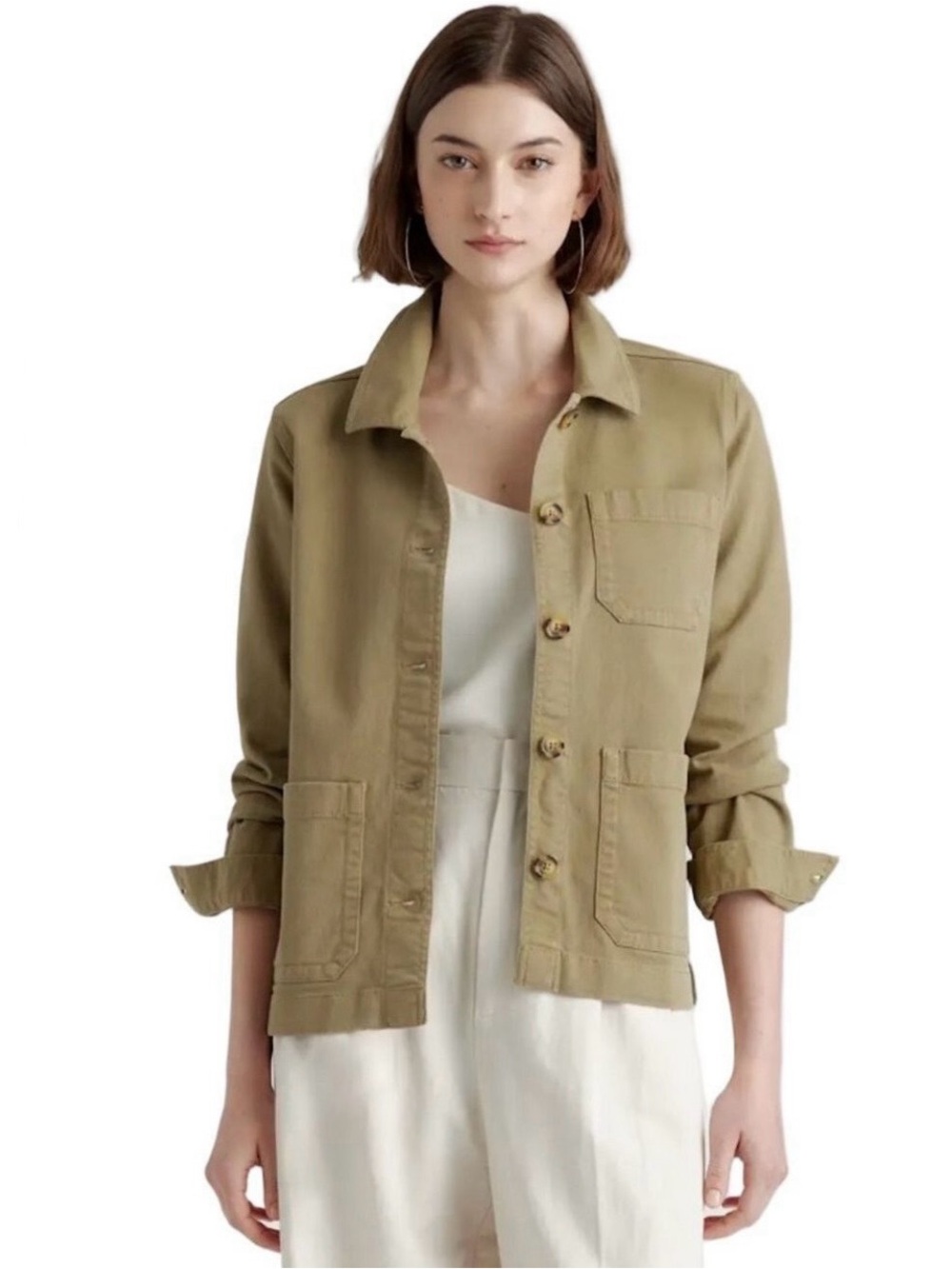 Quince Organic Comfort Stretch Chore Jacket Size Large Olive Green Cotton